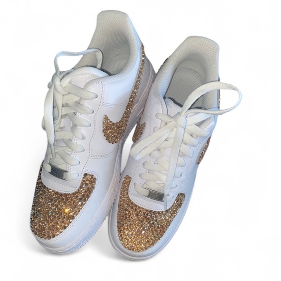 Nike Air Force 1’s Low Tops All Sizes Light Gold Luxe Crystals Ticks New In Box - Picture 3 of 8